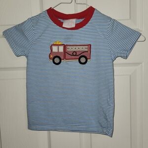 Stitchy Fish Blue Striped Tee with Fire Truck Design